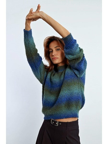 Blue And Green Striped Tie Dye Sweater