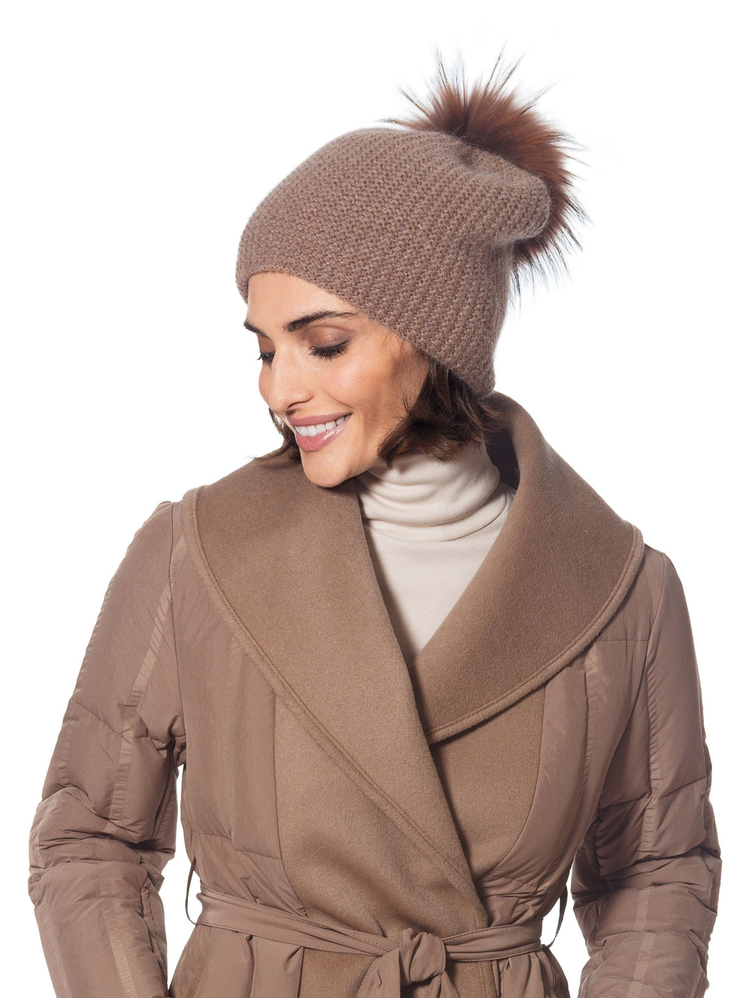 Brown Fur Pom Slouch Knit Hat