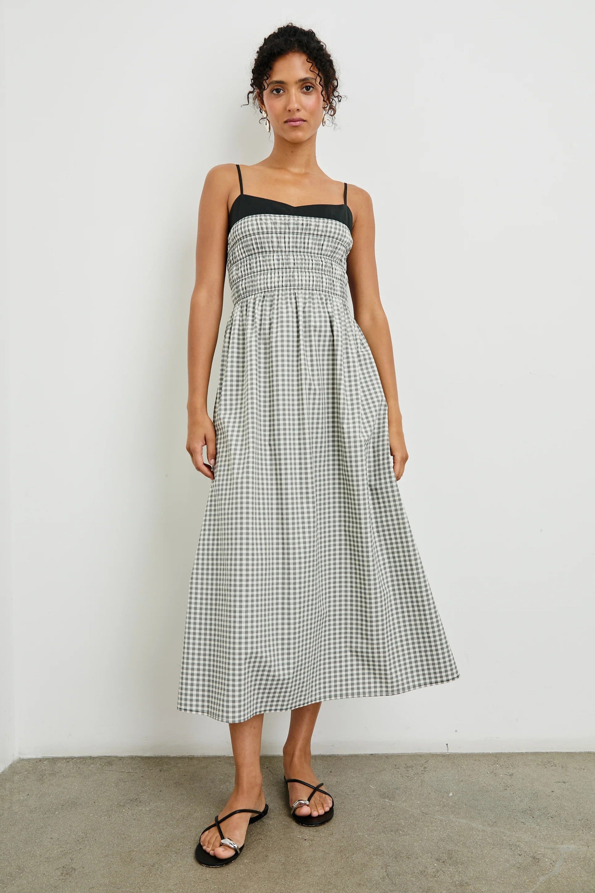 gingham shirred midi dress Ivory Jet Gingham Primrose Midi Dress – Fourteenth Boutique