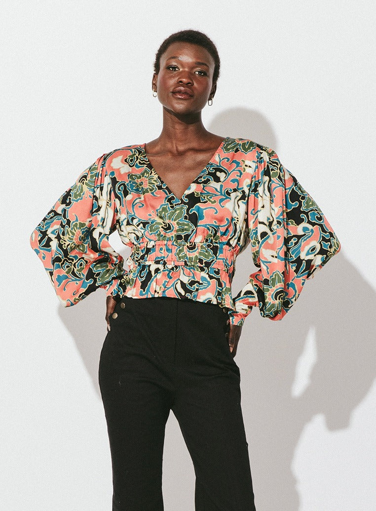 Multi Color Print Long Sleeve Dahlia Blouse