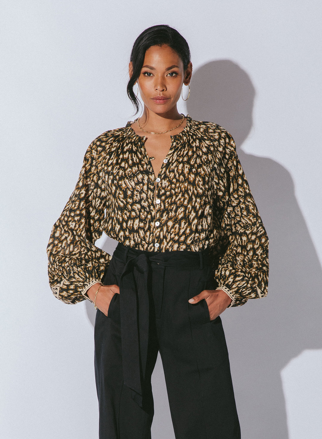 Black Leopard Peasant Blouse