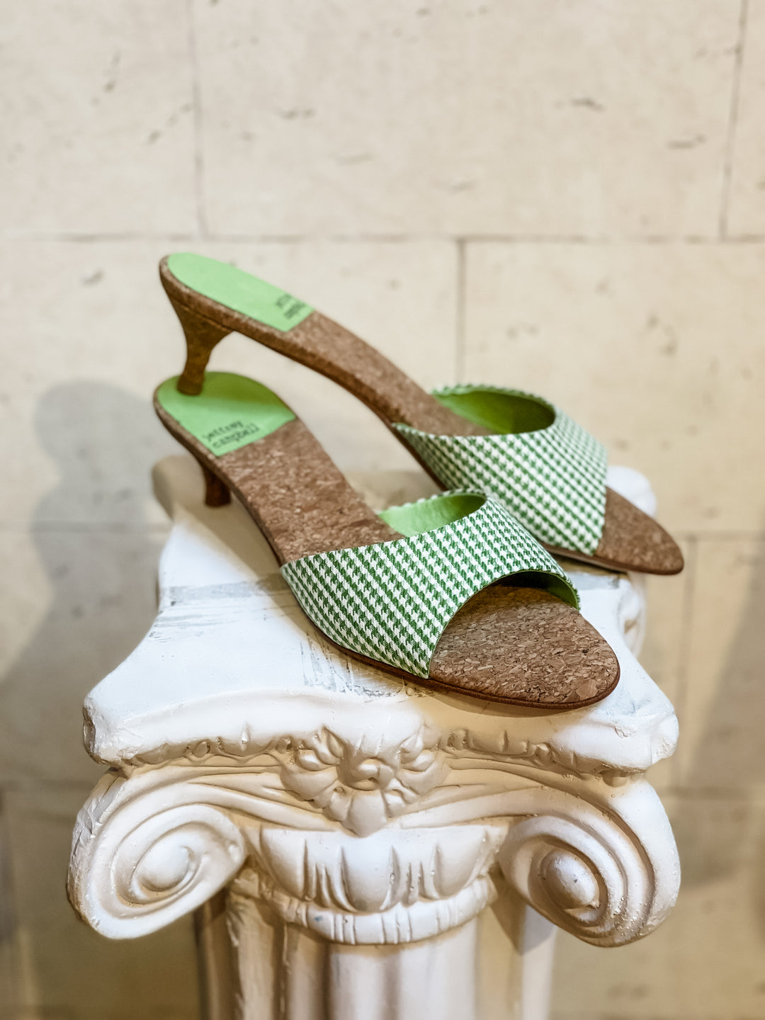 Green Plaid Cork Kitten Heel Chartreux Sandal