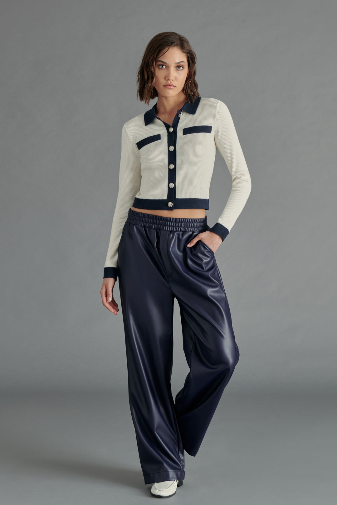 White Whisper And Navy Blue Contrast Tipping Ayda Cardigan