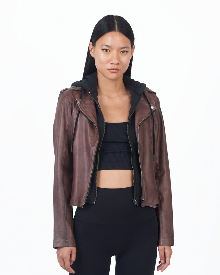 Bark Molly Patina Leather Hooded Moto Jacket