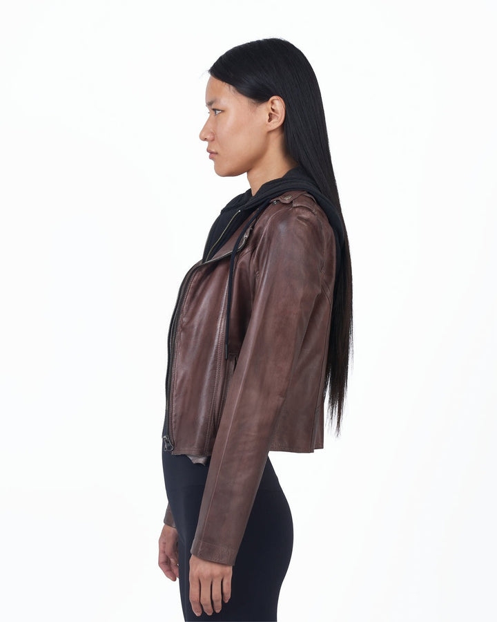 Bark Molly Patina Leather Hooded Moto Jacket