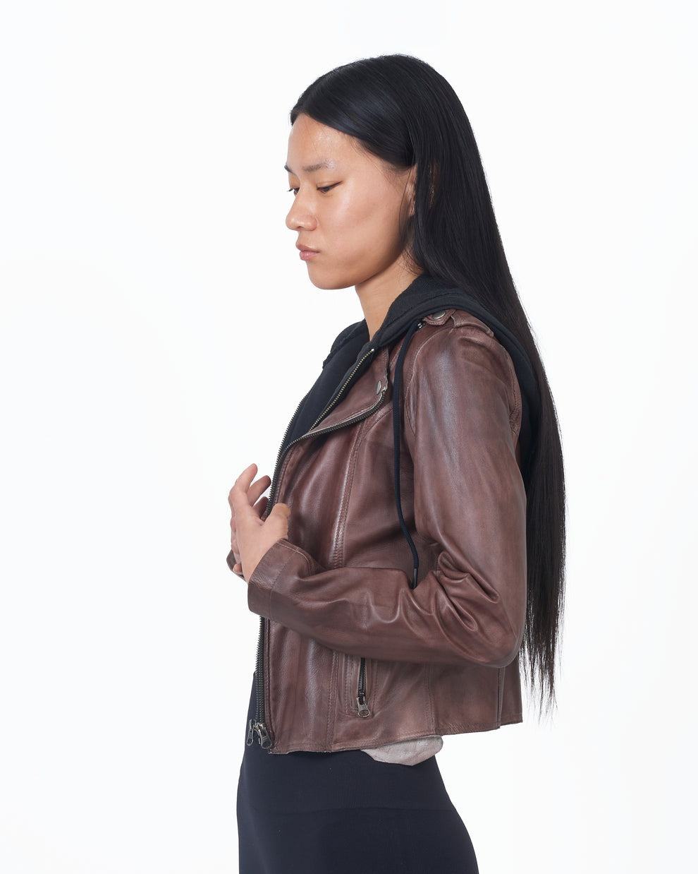 Bark Molly Patina Leather Hooded Moto Jacket