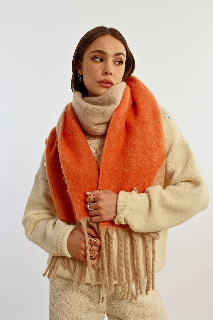 Beige And Orange Fluffy Scarf