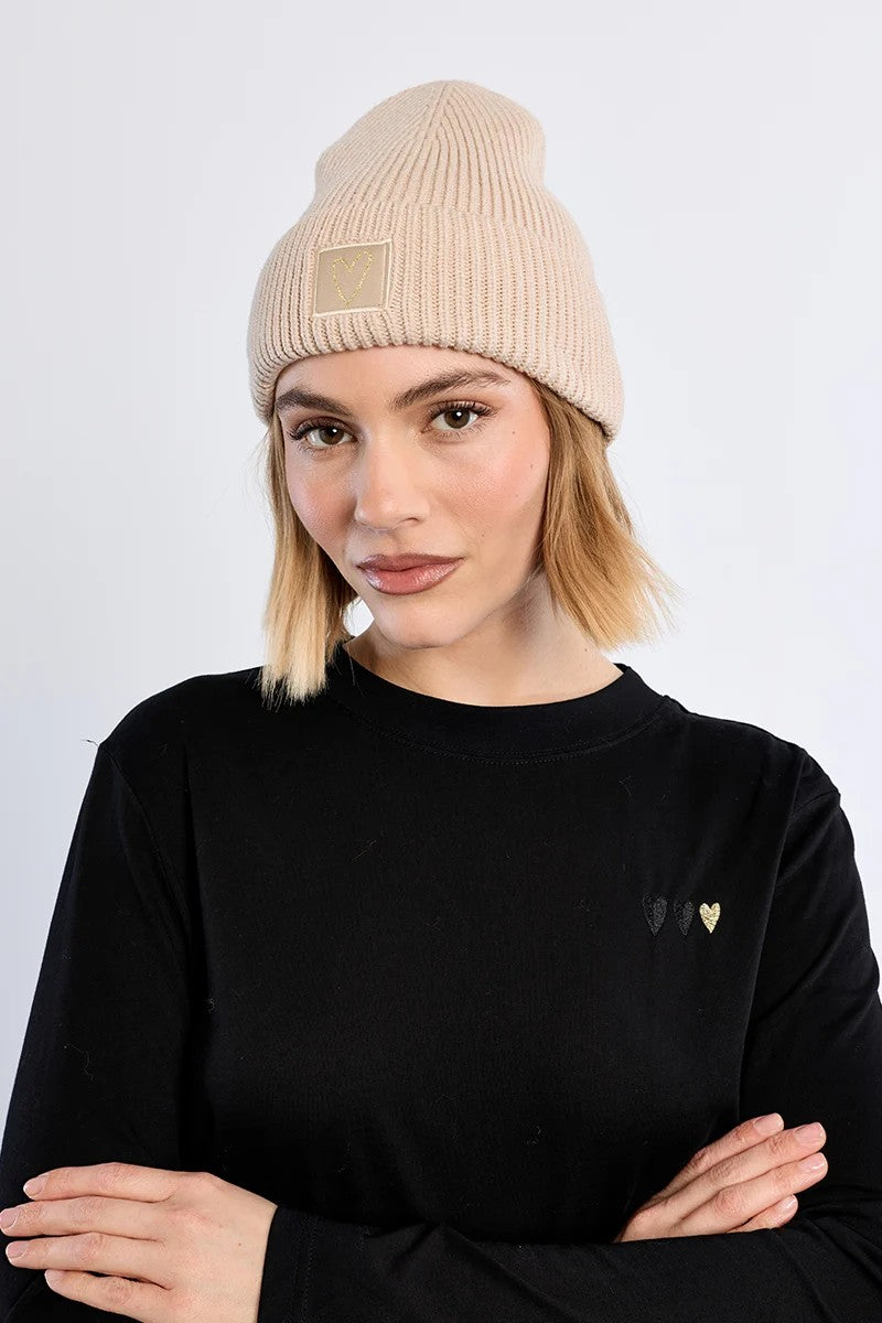 Beige Knitted Heart Hat
