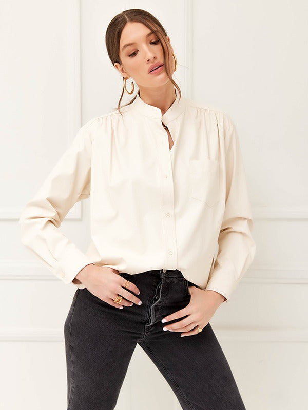 Beige Long Sleeve Faux Leather Shirt