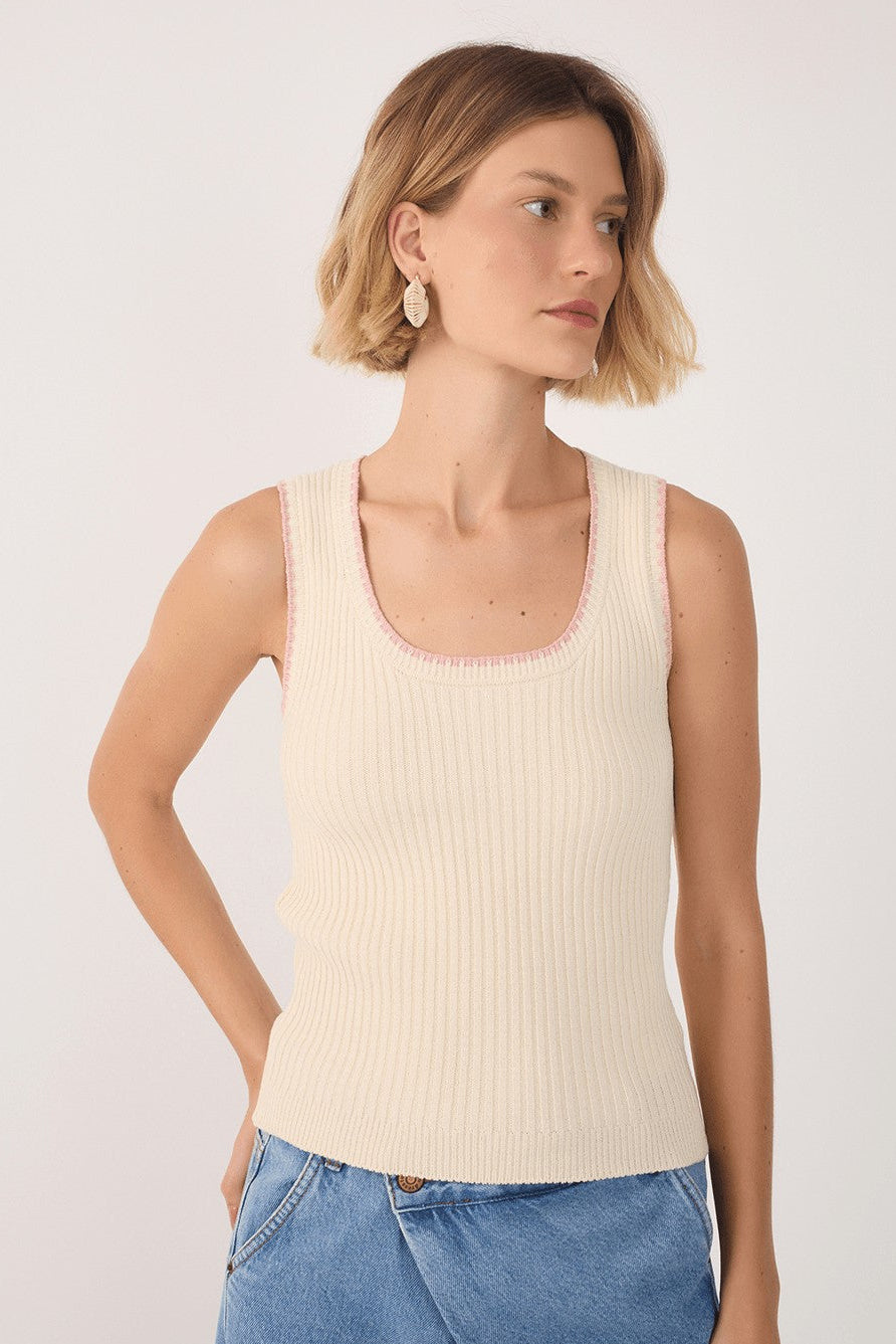 Beige Shell Dusty Pink Rib-Knit Tank