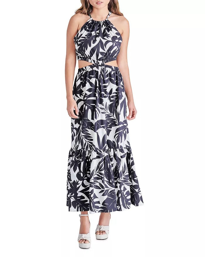 Black And Ivory Palm Tree Print Jules Cutout Maxi Dress