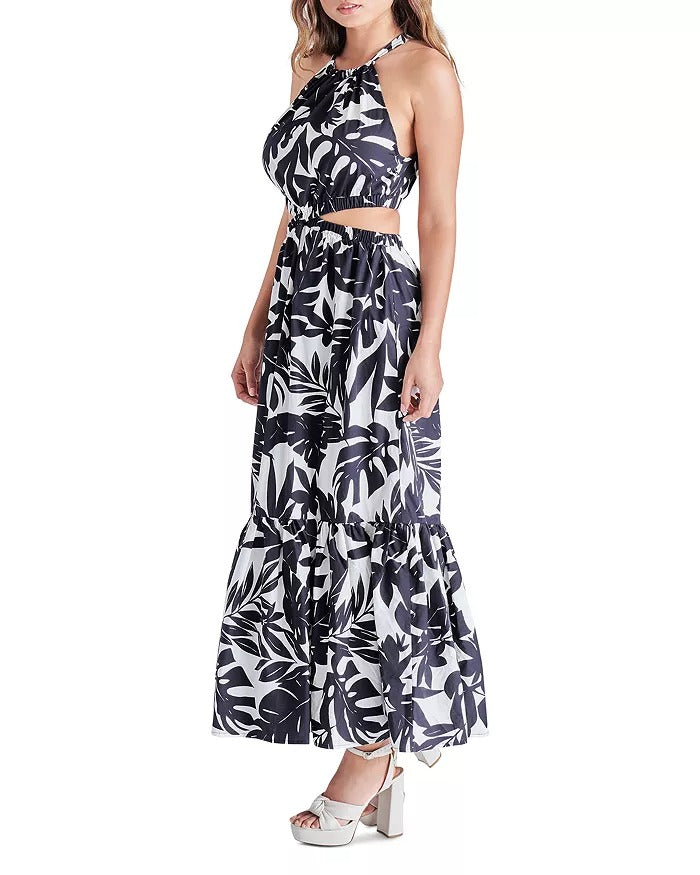 Black And Ivory Palm Tree Print Jules Cutout Maxi Dress