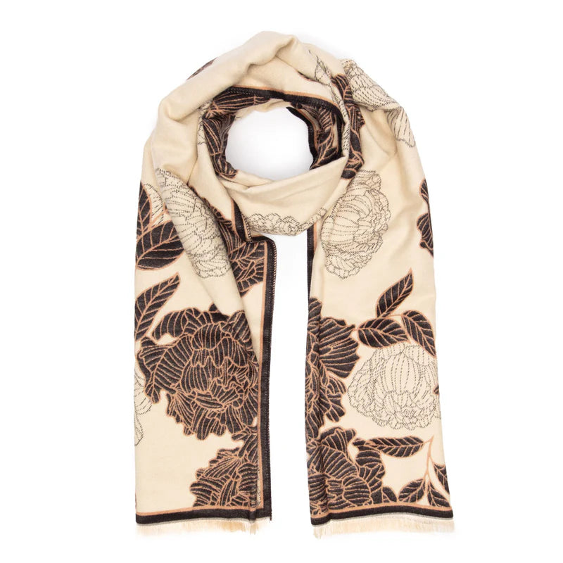 Black And Ivory Peonies Winter Scarf