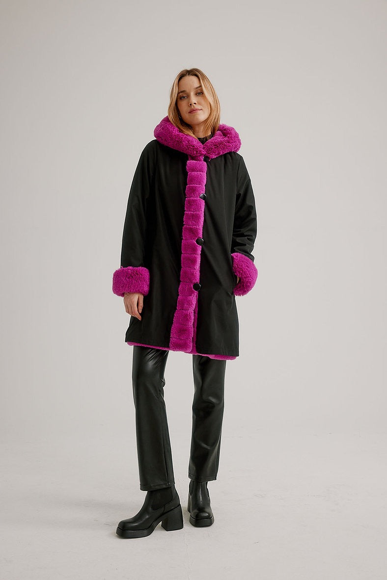Black And Fuchsia Hooded Reversible Faux Fur Coat