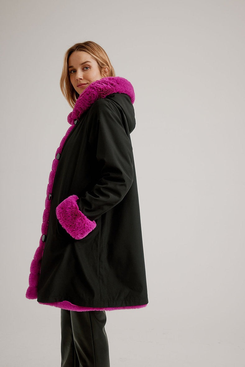 Black And Fuchsia Hooded Reversible Faux Fur Coat