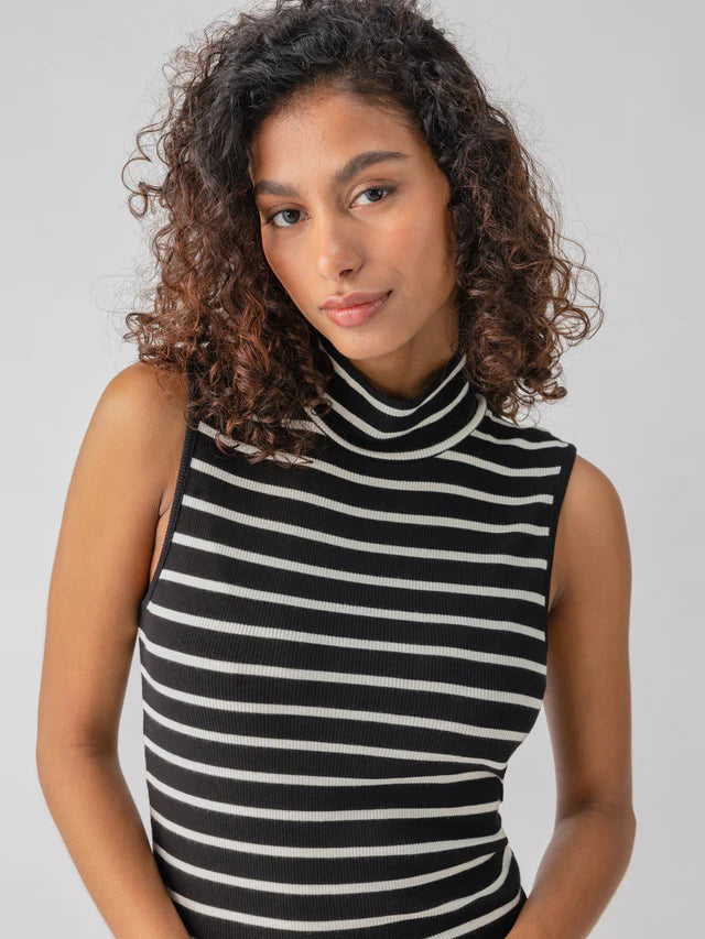 Black Chalk Stripe Mock Neck Tank