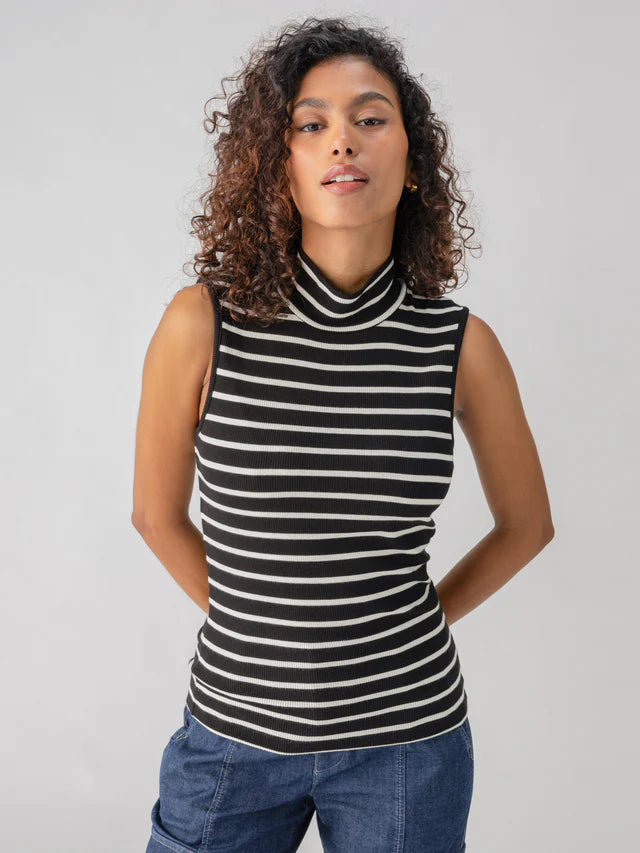 Black Chalk Stripe Mock Neck Tank