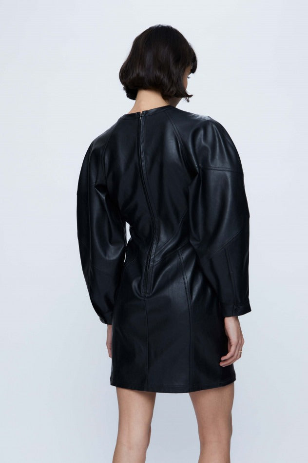 Black Faux Leather Puffed Sleeve Dress