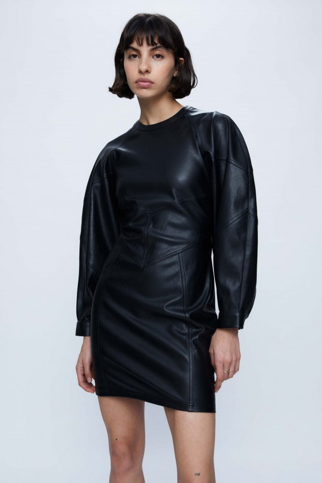 Black Faux Leather Puffed Sleeve Dress