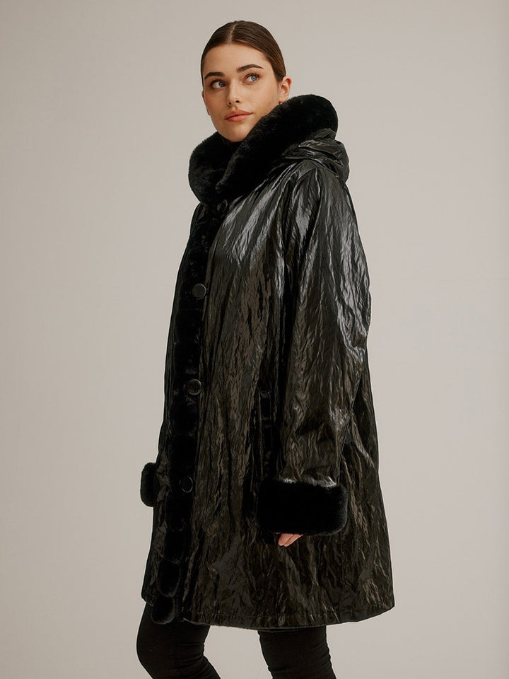 Black Metallic Luster Faux Fur Reversible Coat