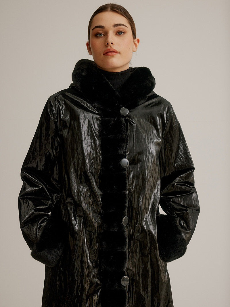 Black Metallic Luster Faux Fur Reversible Coat