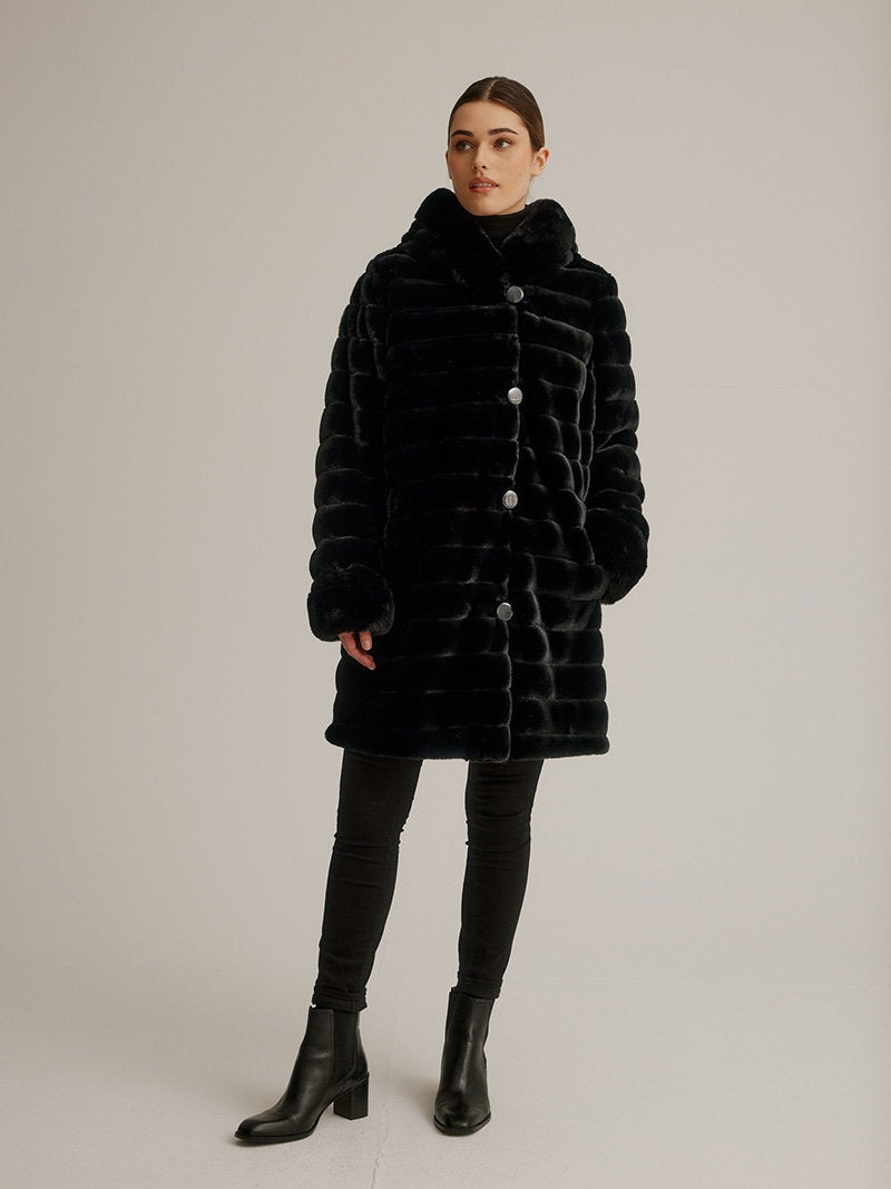 Black Metallic Luster Faux Fur Reversible Coat