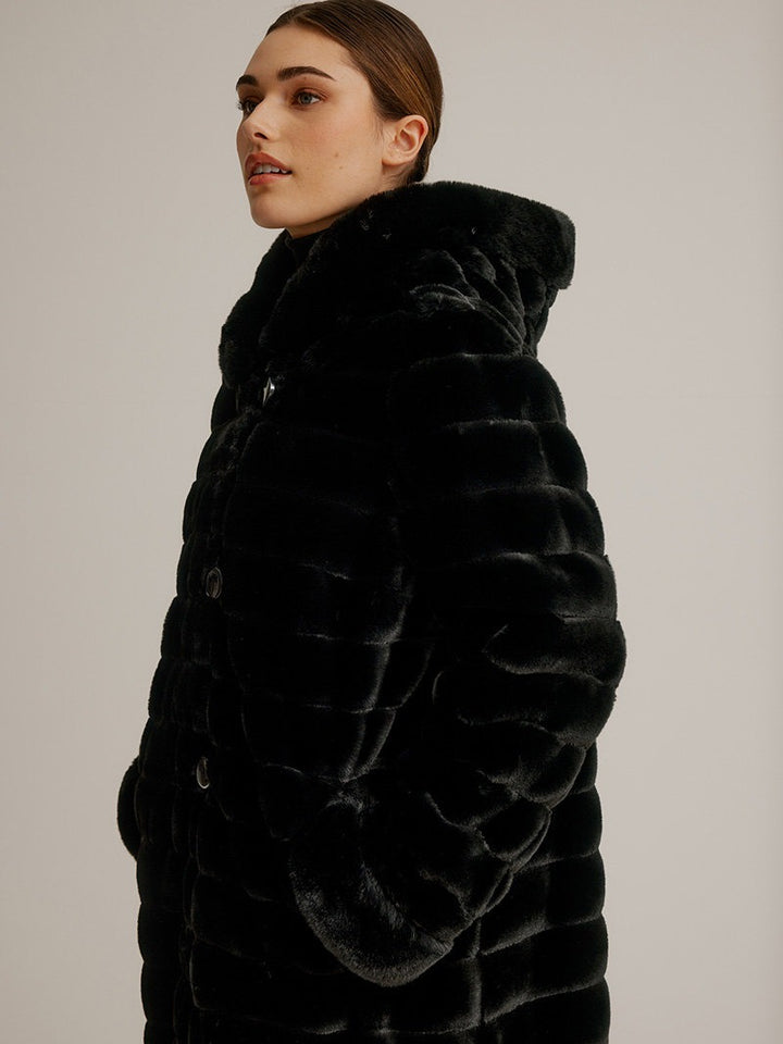 Black Metallic Luster Faux Fur Reversible Coat