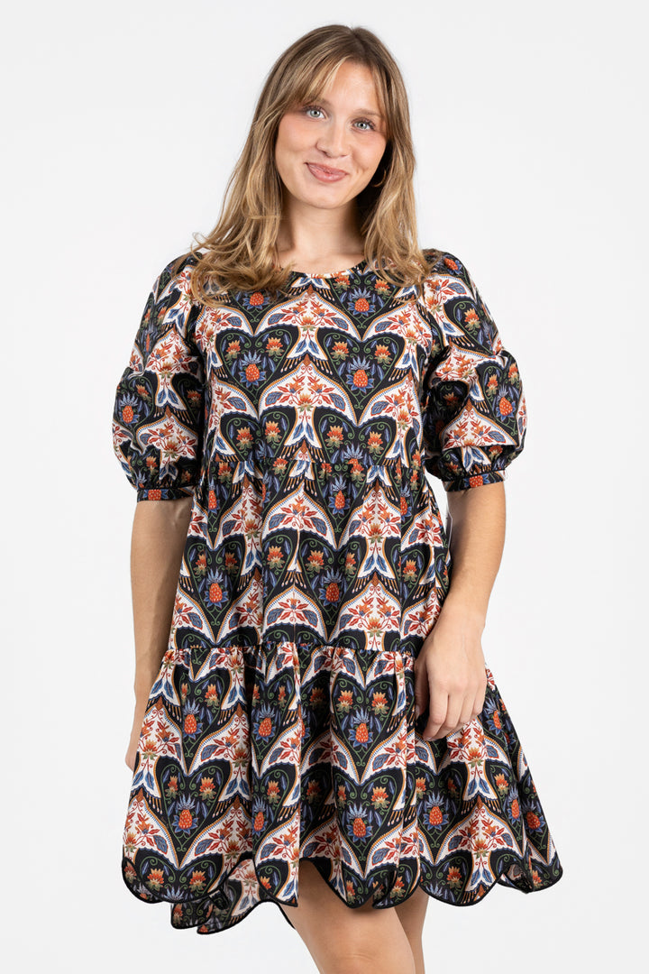 Black Porcelain Birds Mini Dress