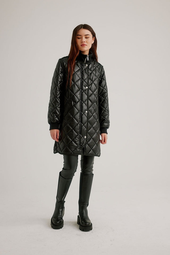 Black Quilted Faux Leather Coat