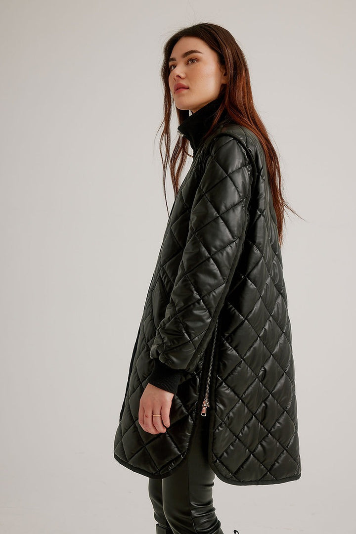 Black Quilted Faux Leather Coat