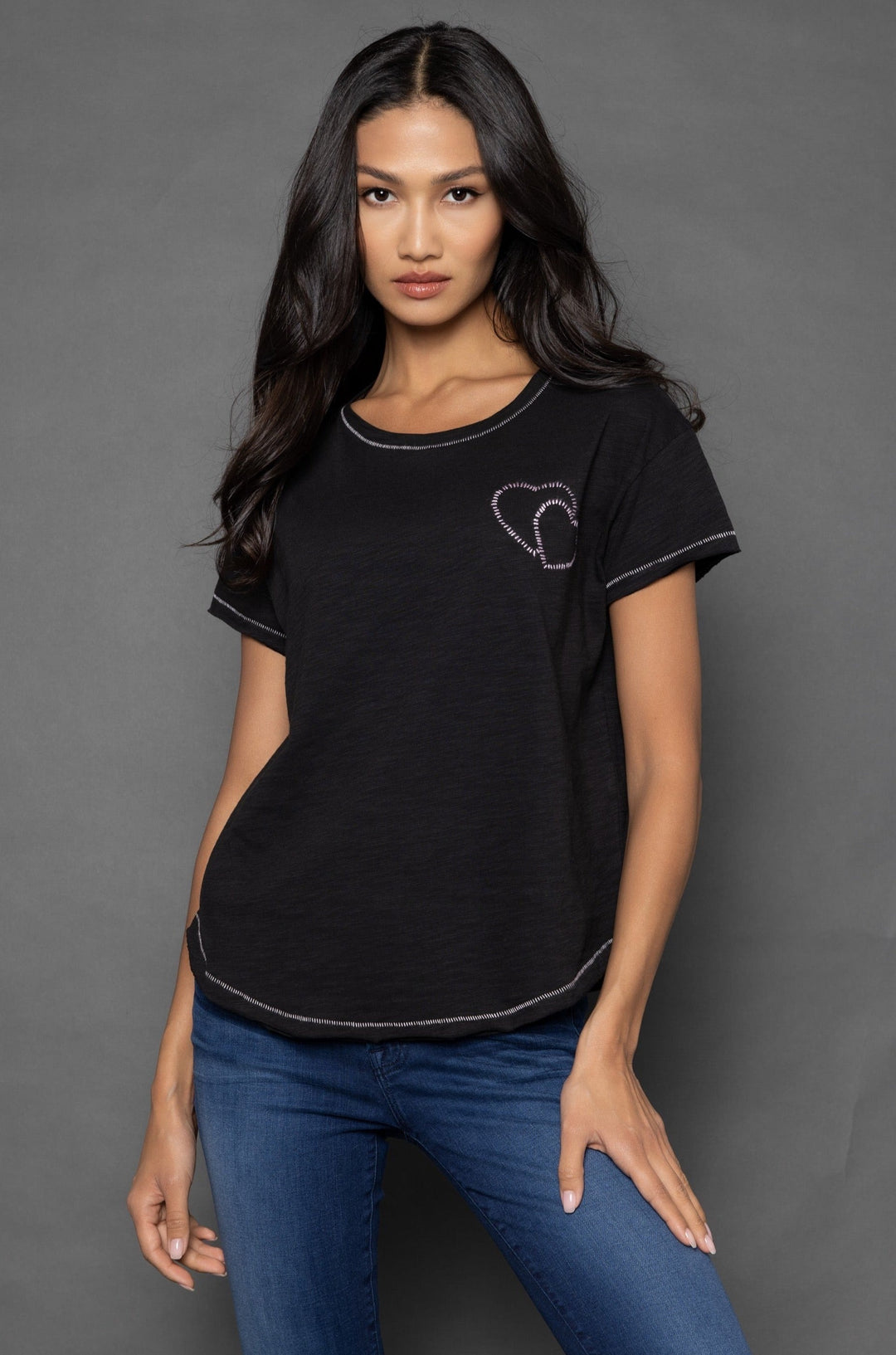 Black Round Neck Double Down Tee