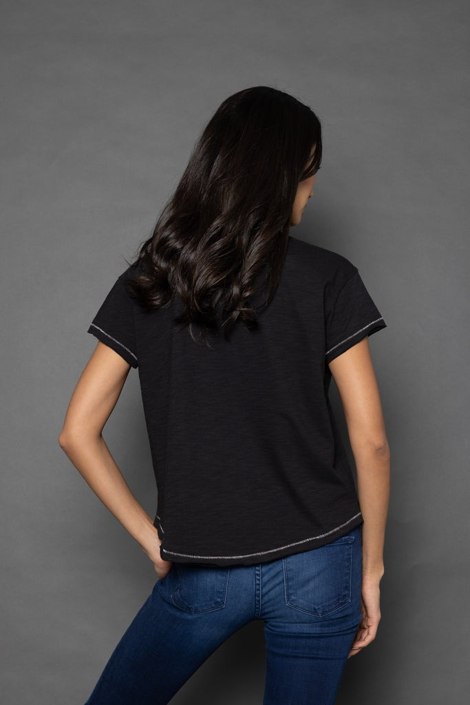 Black Round Neck Double Down Tee