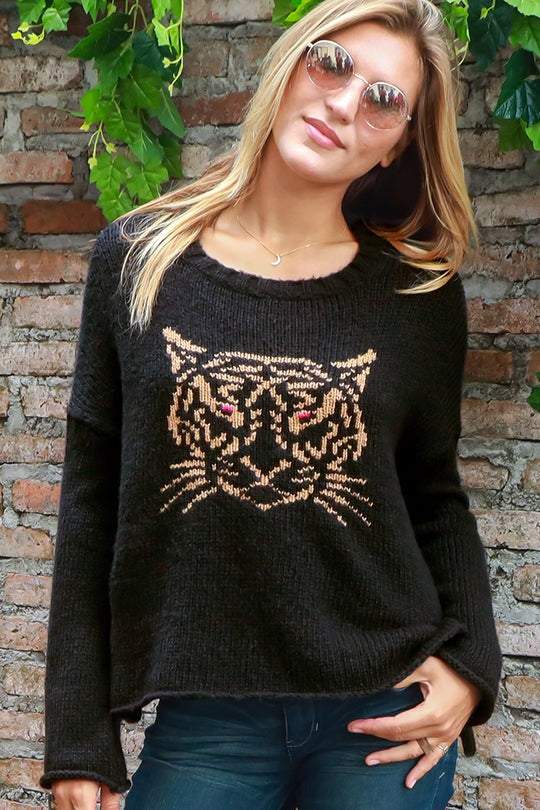 Black Tiger Face Crew Neck Knit Sweater