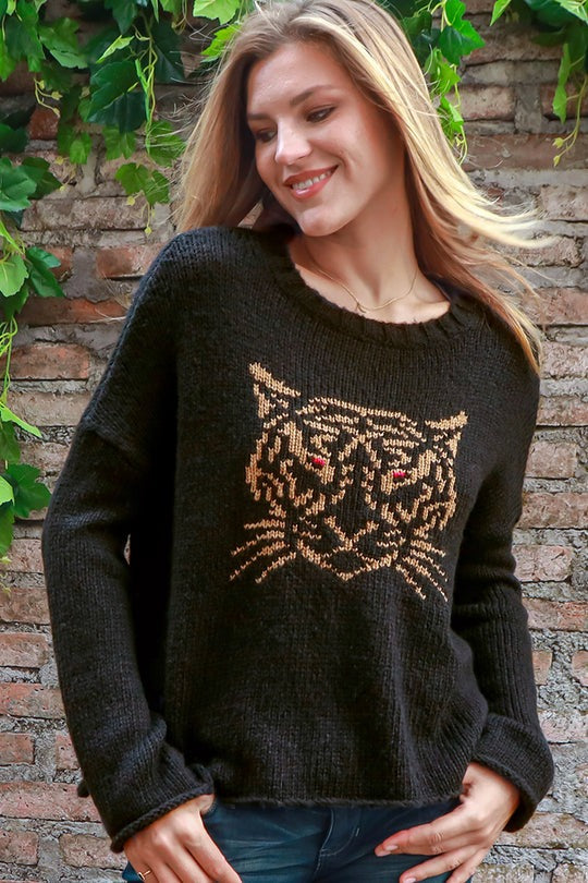 Black Tiger Face Crew Neck Knit Sweater