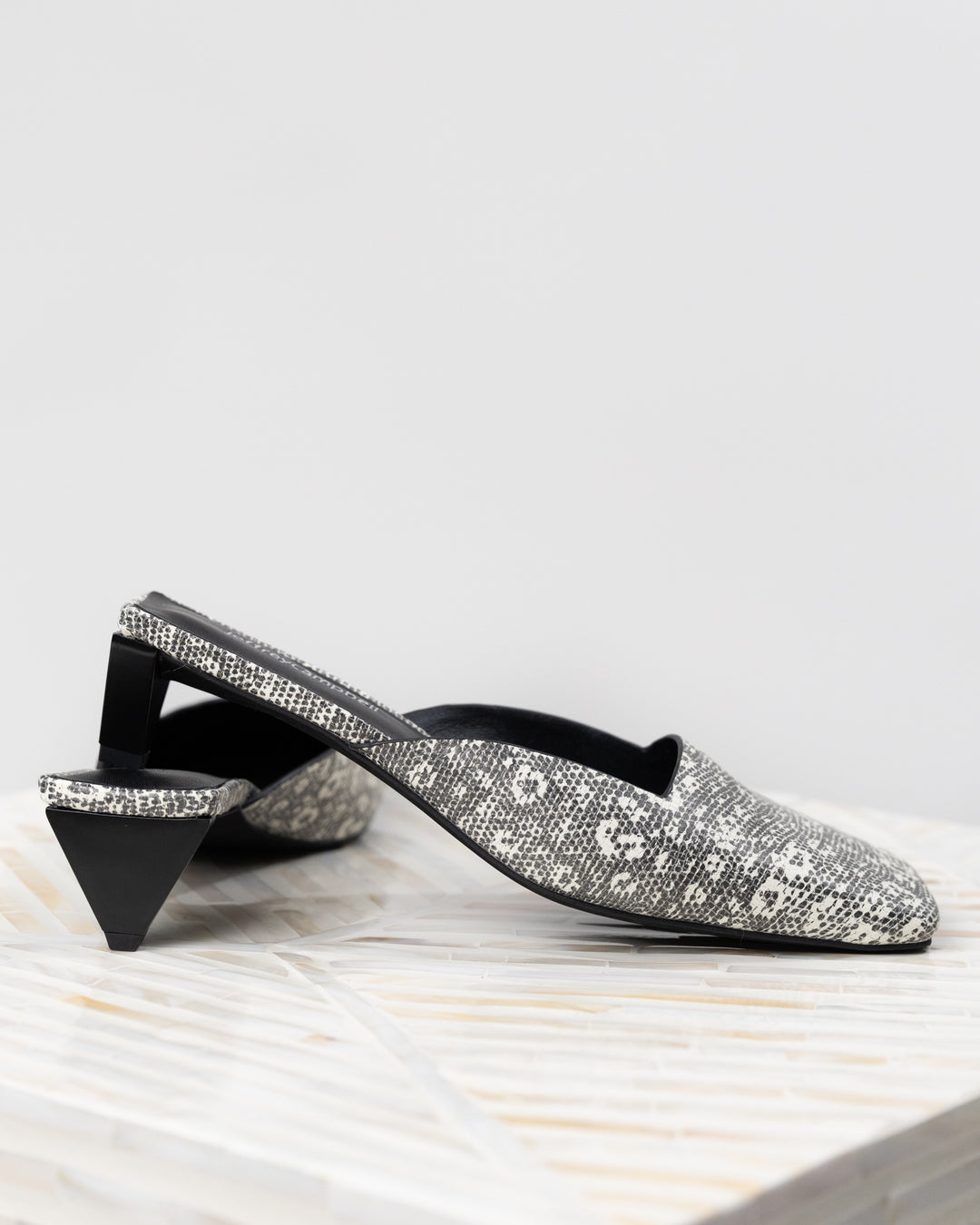 Black White Lizard Heeled Mule