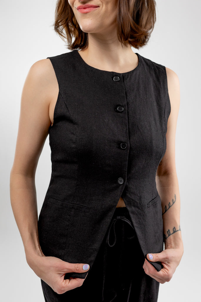 Black Button Down Wesley Vest Top