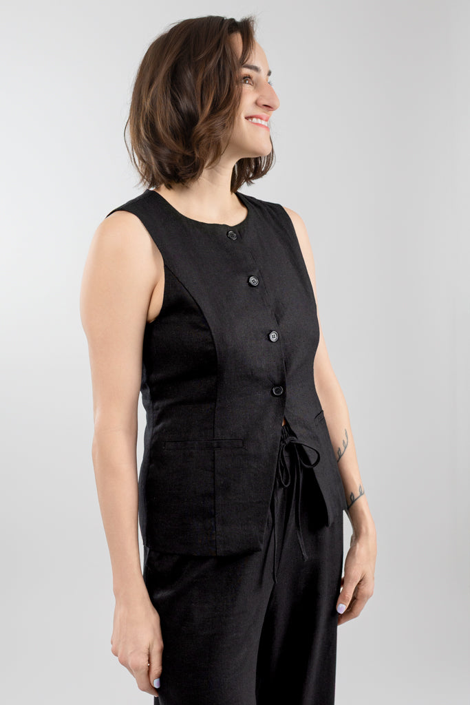 Black Button Down Wesley Vest Top