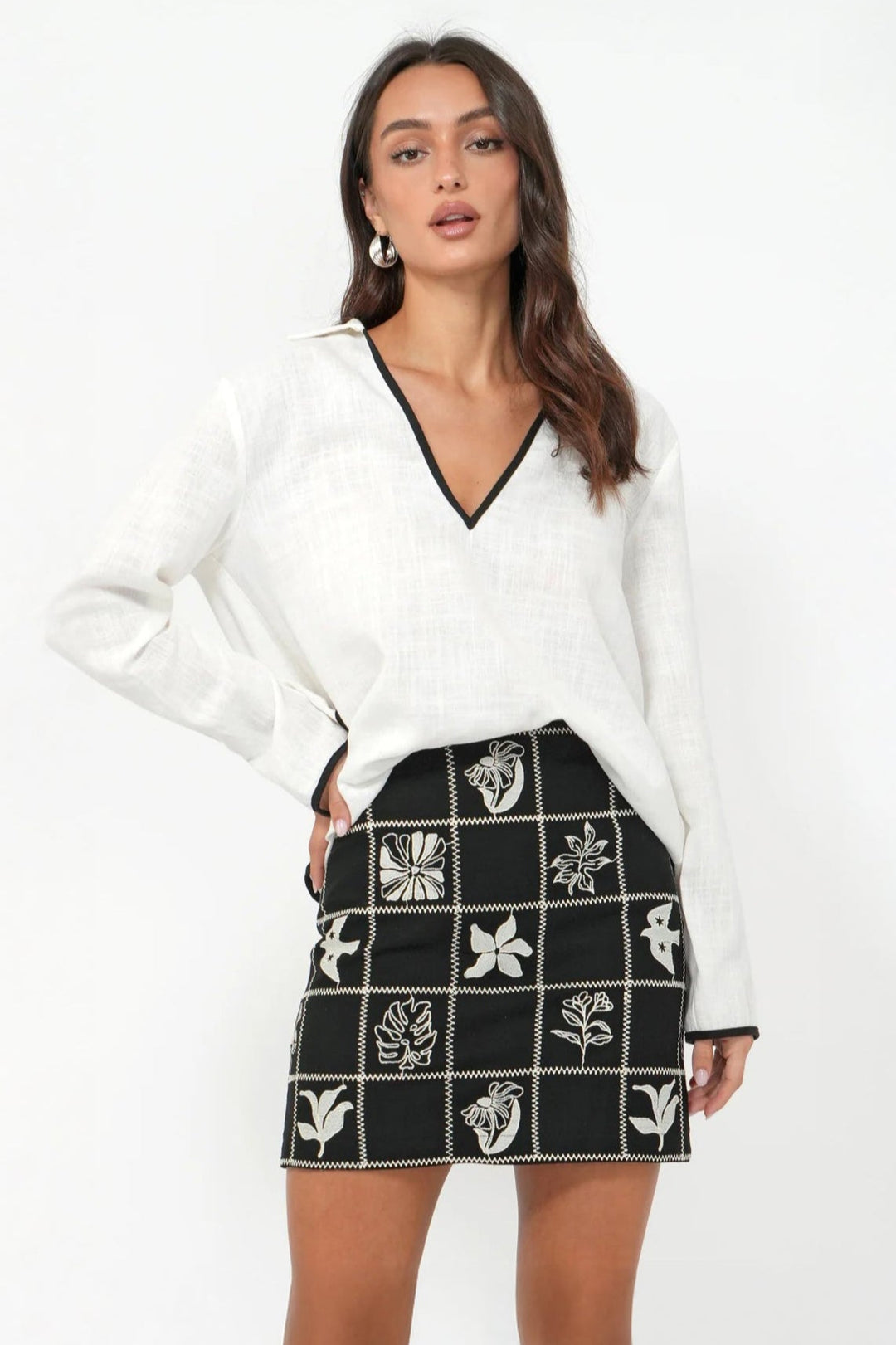 Black Ivory Grid Embroidered Freya Mini Skirt