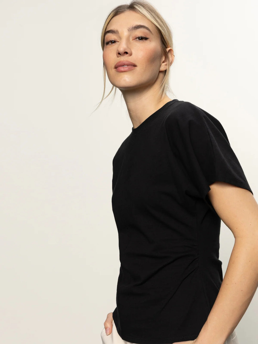 Black Shirred Waist Dolman Tee