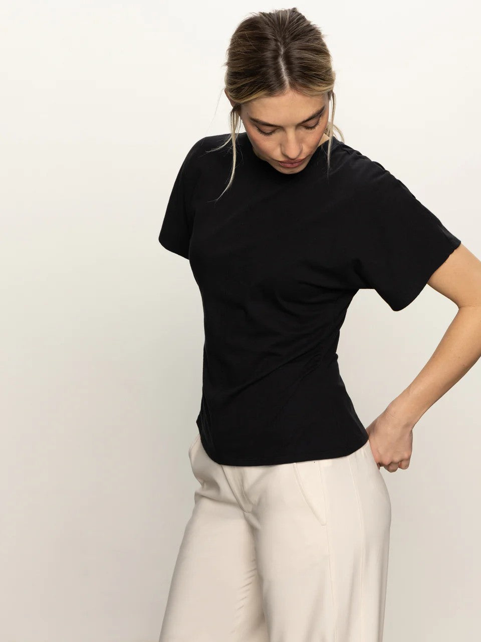 Black Shirred Waist Dolman Tee