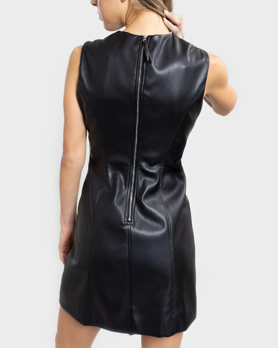 Black Vegan Leather Sleeveless Mya Mini Dress