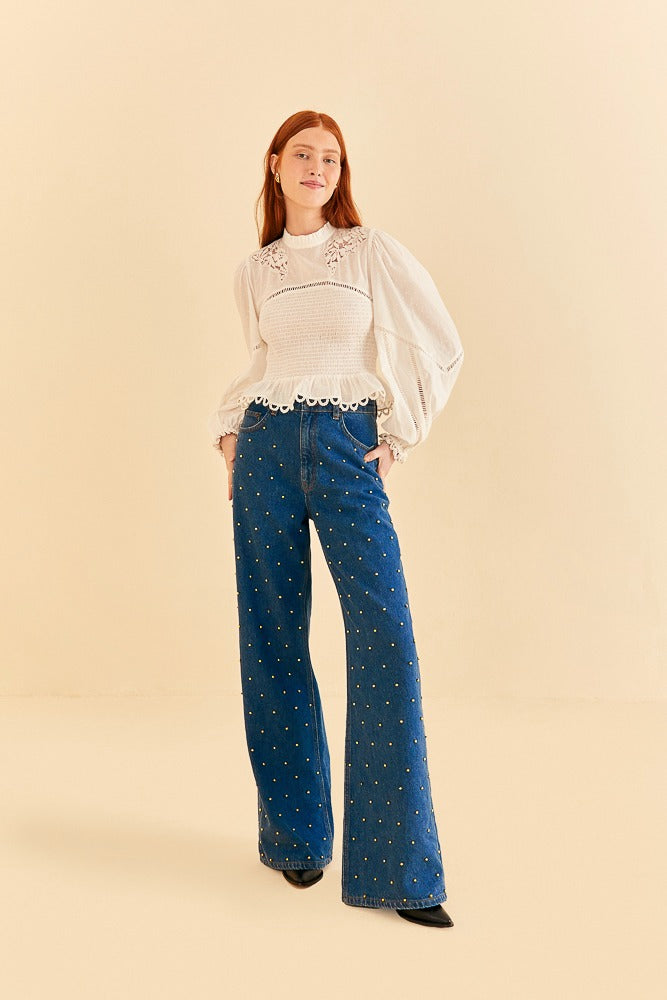 Blue Baggy Beaded Wide Leg Jeans