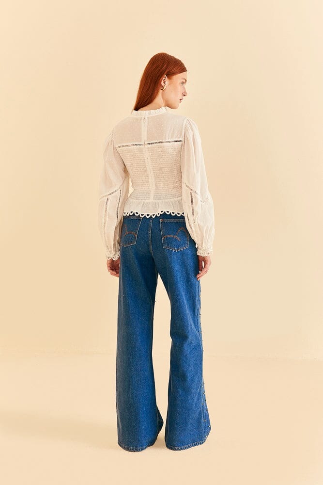 Blue Baggy Beaded Wide Leg Jeans