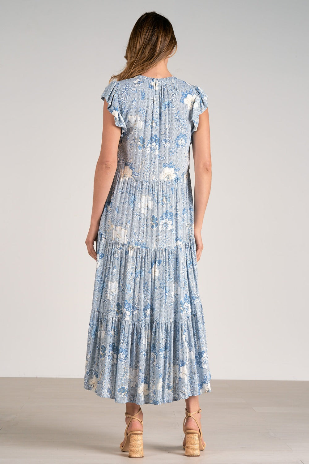 Blue Leaf Print Tiered Meredith Midi Dress