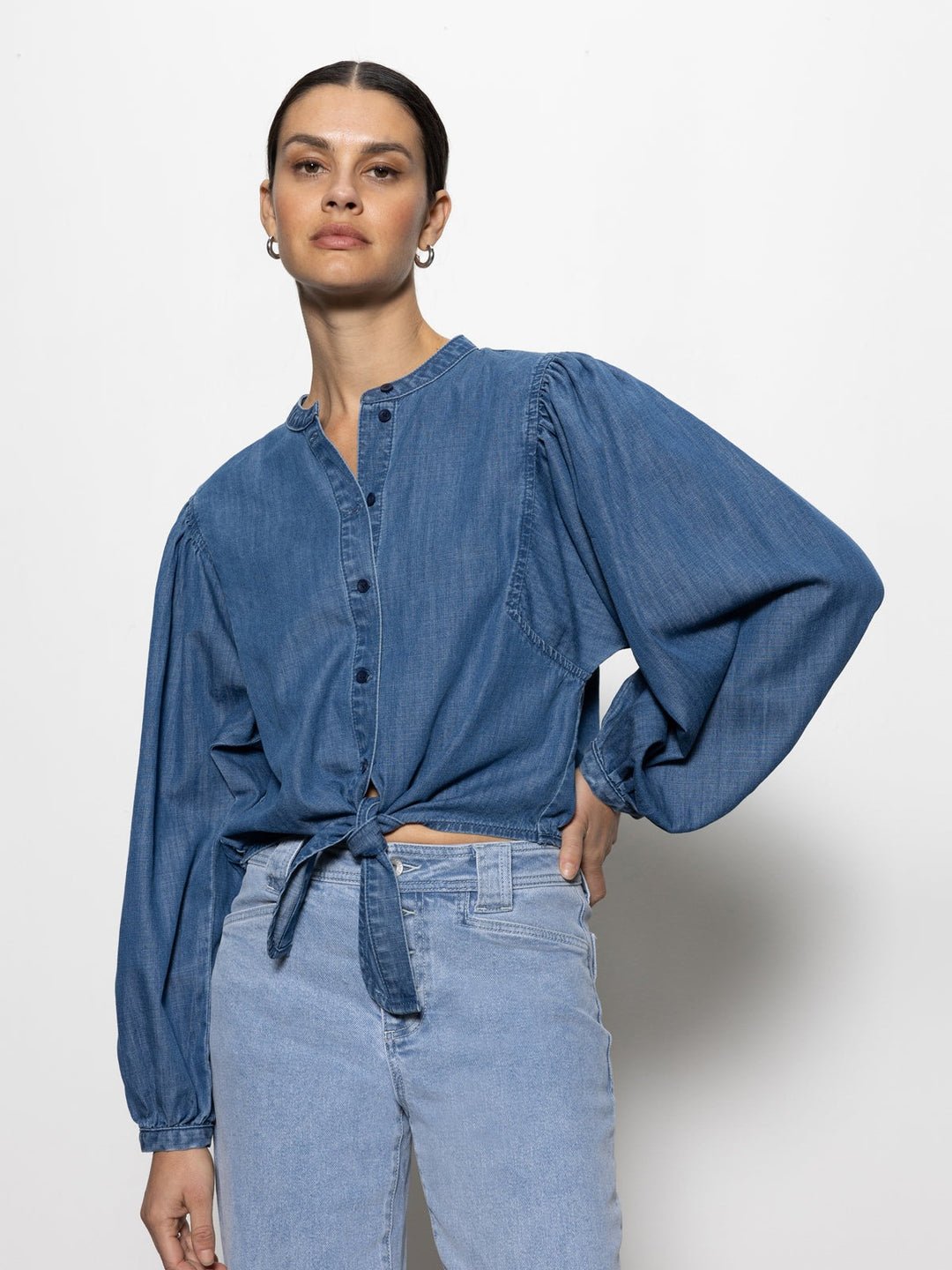 Blue Slate Tie Front Volume Blouse