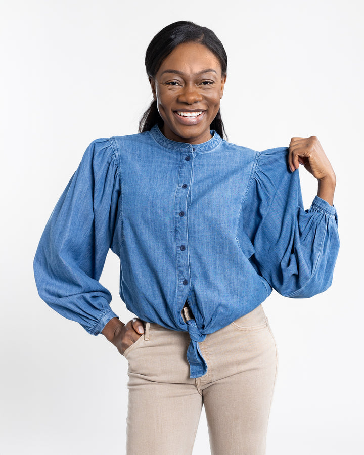 Blue Slate Tie Front Volume Blouse