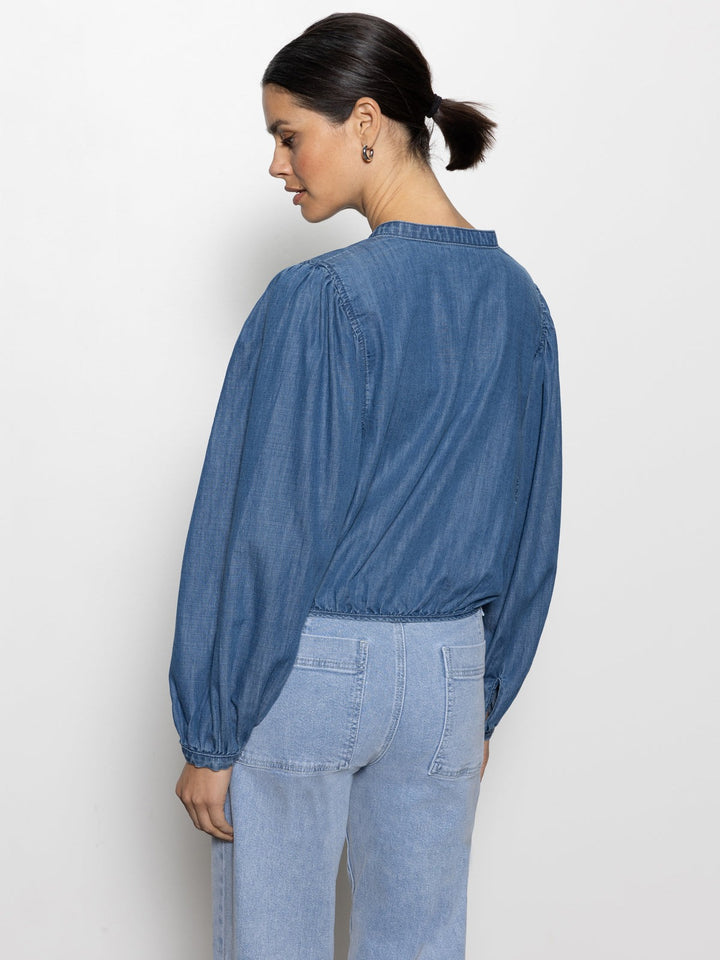 Blue Slate Tie Front Volume Blouse