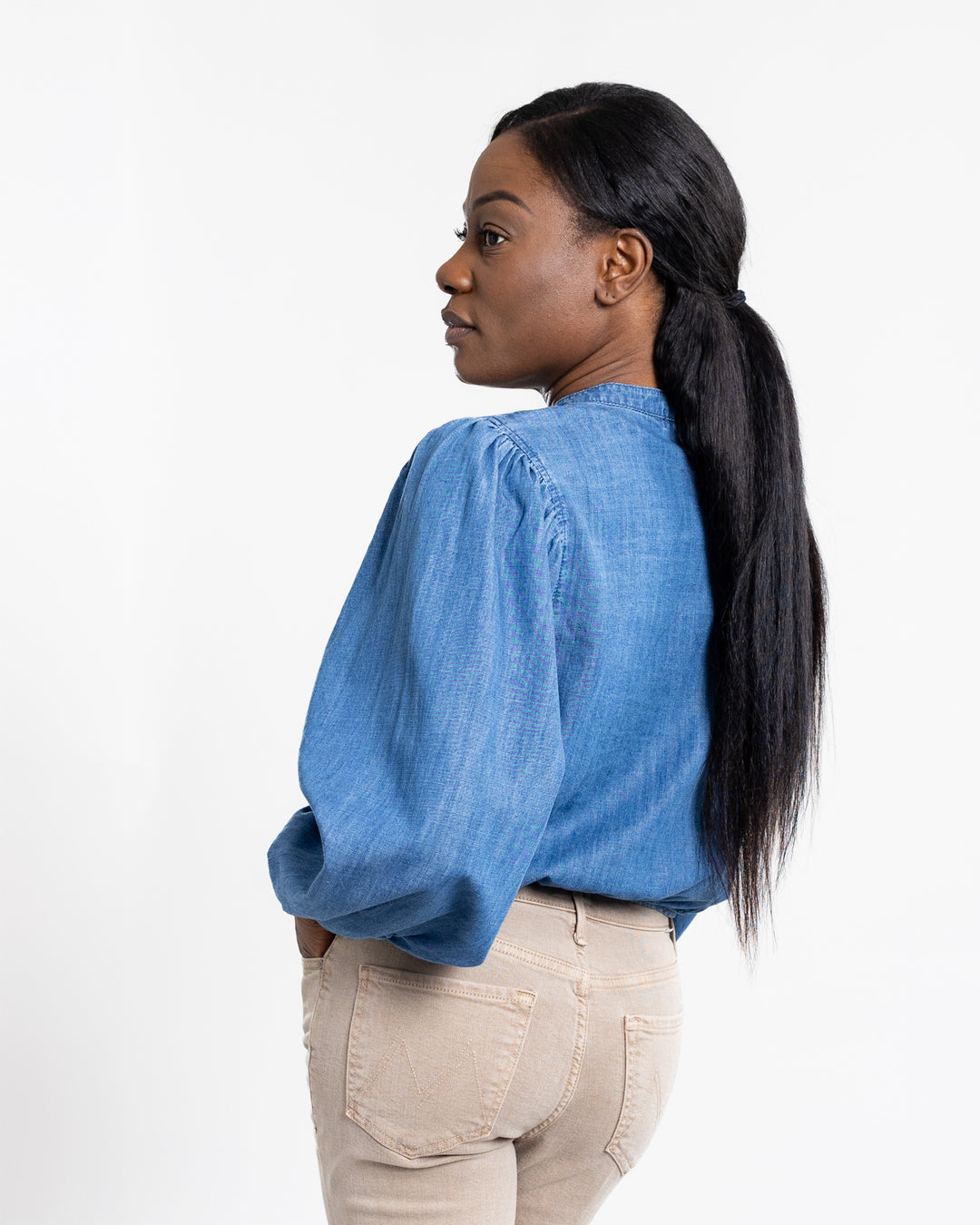 Blue Slate Tie Front Volume Blouse