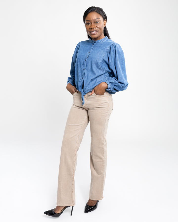 Blue Slate Tie Front Volume Blouse