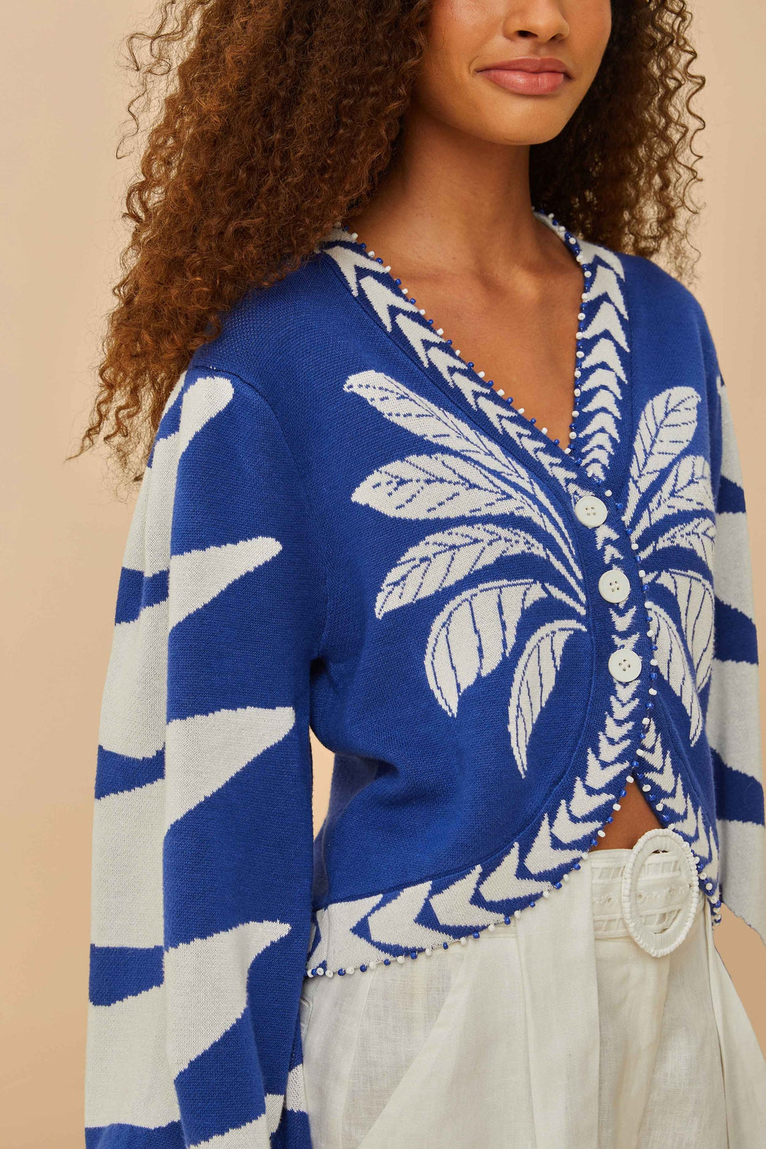 Blue And White Graphic Puff Sleeve Cardigan